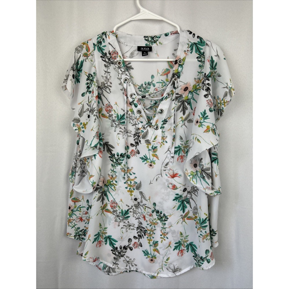 a.n.a. Women's XL Floral Short Flutter Ruffle Sleeve Blouse White Green Lace Up